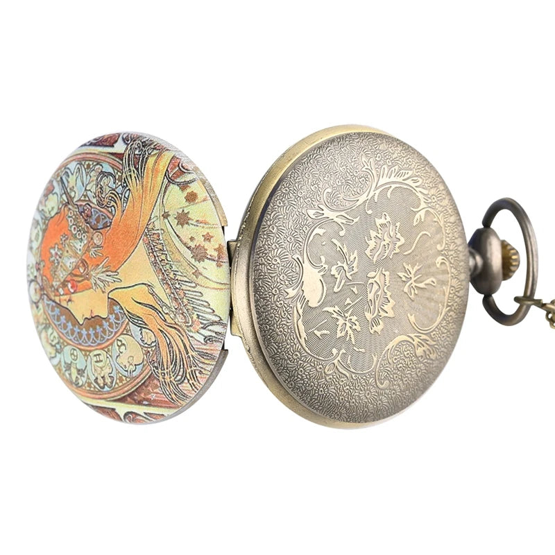 YISUYA Women Antique Quartz Analog-Digital Display Arabic Numeral Gold Stainless Steel Metal Round Case 12-Hour Acrylic Face Colorful Floral Background With Women Side Beautiful Red Hair Fair Skin Face Design Gold Chain-Pocket Watches
