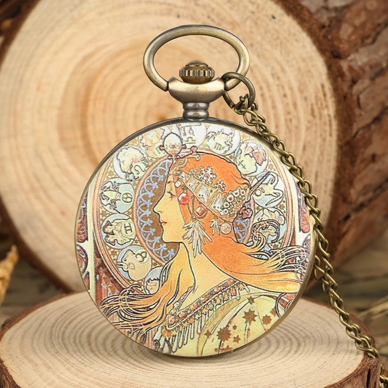 YISUYA Women Antique Quartz Analog-Digital Display Arabic Numeral Gold Stainless Steel Metal Round Case 12-Hour Acrylic Face Colorful Floral Background With Women Side Beautiful Red Hair Fair Skin Face Design Gold Chain-Pocket Watches