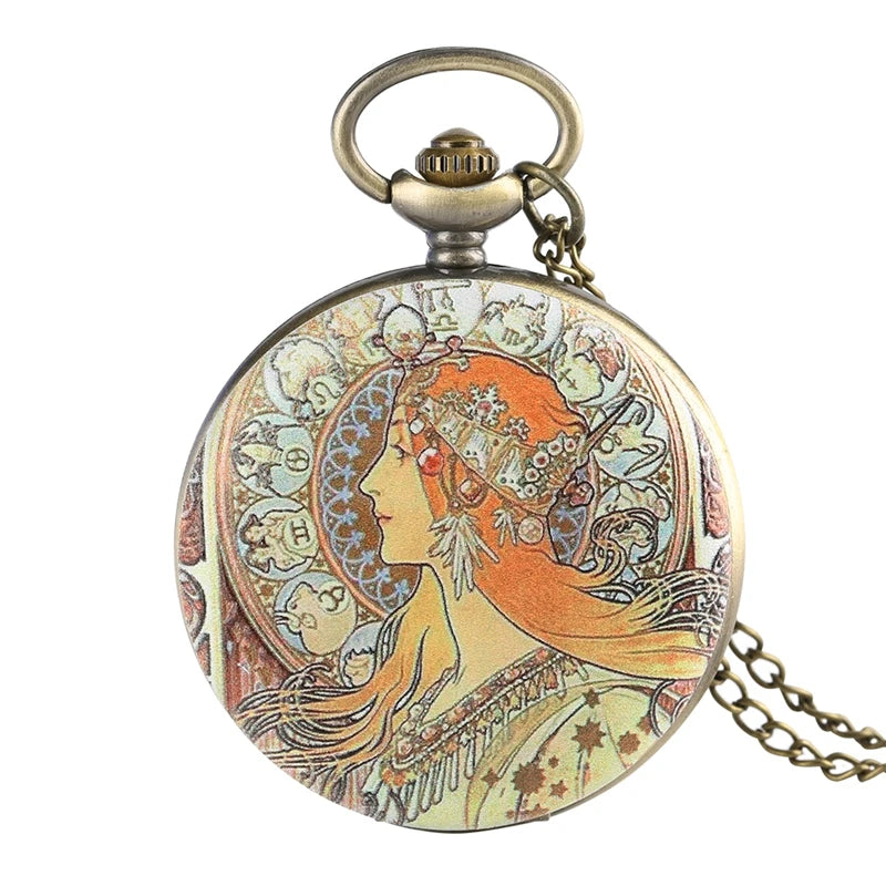 YISUYA Women Antique Quartz Analog-Digital Display Arabic Numeral Gold Stainless Steel Metal Round Case 12-Hour Acrylic Face Colorful Floral Background With Women Side Beautiful Red Hair Fair Skin Face Design Gold Chain-Pocket Watches