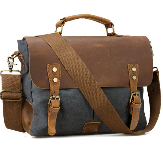 MUNUKI Men Vintage Convertible Thick Canvas Brown-Gray Cowhide Leather Soft Handle-Detachable Shoulder Strap Zipper-Hasp Cotton Lining 14 Inch Laptop Single Compartment External Pockets Business Briefcases/Colors-Gray/Brown