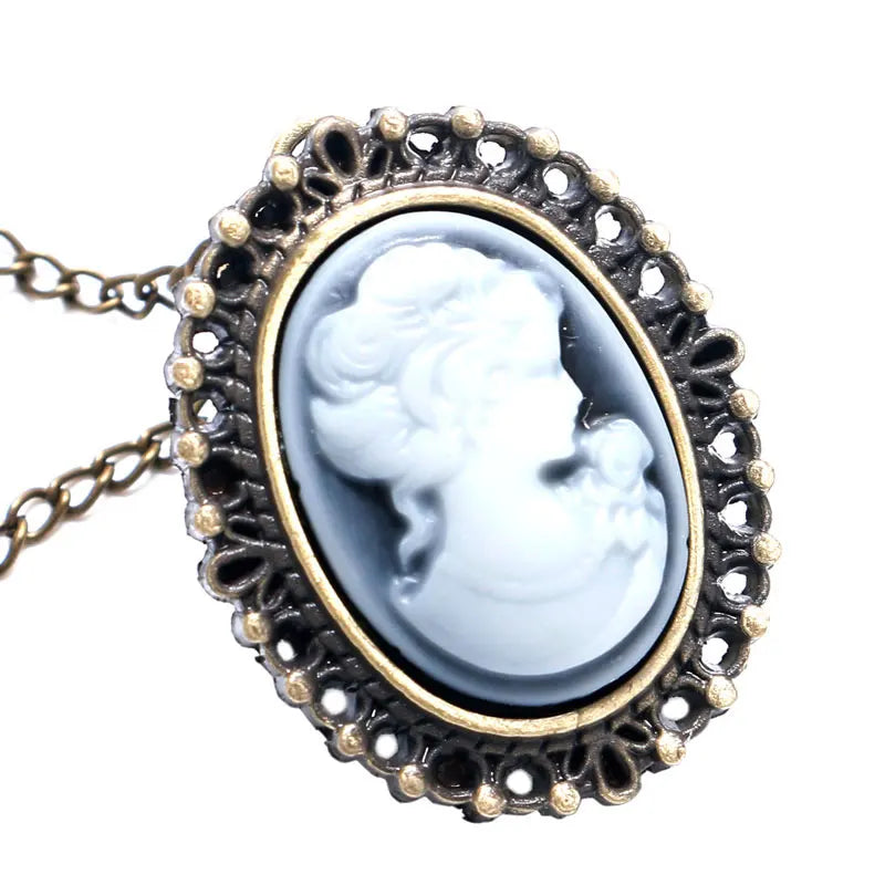 YISUYA Women Small Antique Stainless Steel Metal Oval Shaped Cameo Gentle Lady's White Face Carved Black-Gold Frame Inside Glass Face Quartz Analog Display Necklace Chain-Pocket Watches