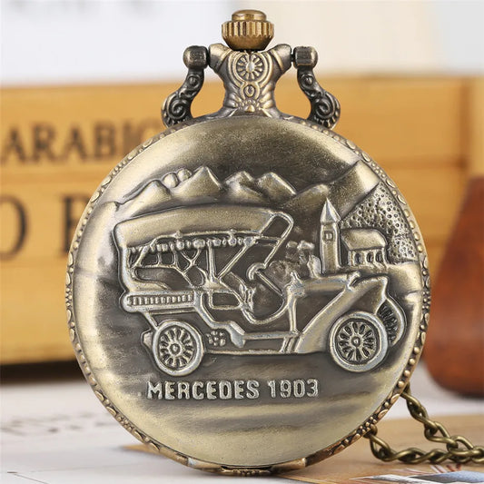 YISUYA Adults Unisex Retro Quartz Metal Alloy Round Shaped Case Analog Display Acrylic Face Bronze Antique 1903 Mercedes Steampunk Classic Car Necklace Chain-Pocket Watches