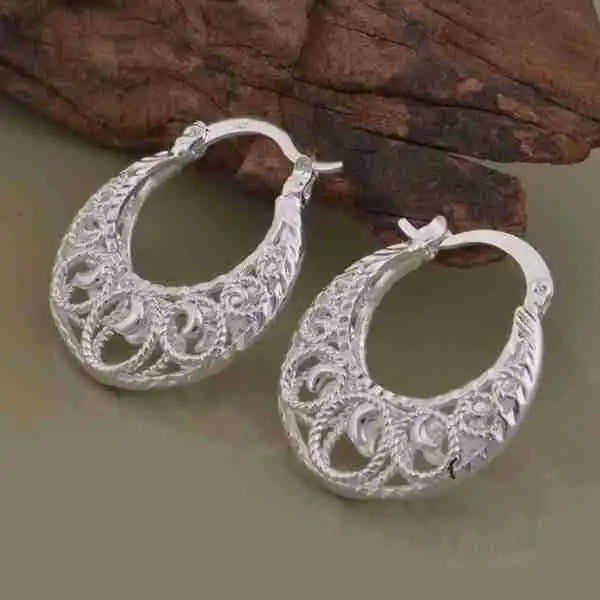 SAY Adult Women Fine Imitation Floral Silver Colored Design Sterling Silver Metal Hoop Earrings