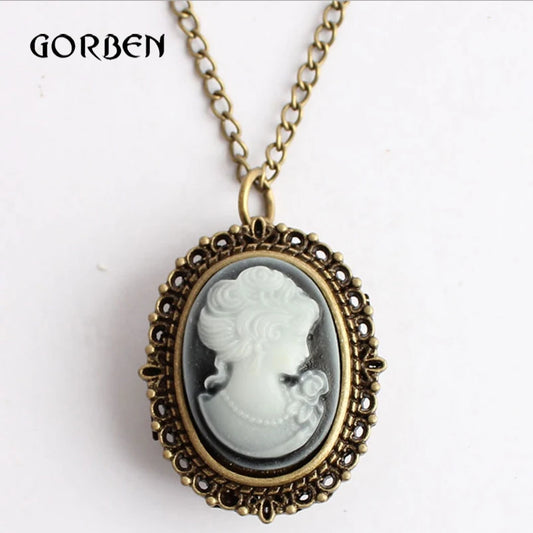GORBEN Quartz Bronze Stainless Steel Metal Round Shaped Analog Display Acrylic Face White Beauty Lady Icon Cameo Design Necklace Chain-Pocket Watches/Colors-White Beauty/ White-Purple Flowers
