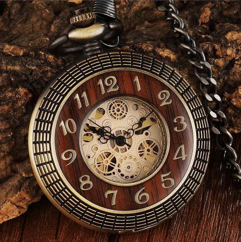 GORBEN Adults Unisex Antique Quartz Hand Winding Roman Numeral Bronze Round Shaped Stainless Steel Metal Case Acrylic Face Hollow-Out Solid Wood Steampunk Skeleton Dial Mechanical Chain-Pocket Watches