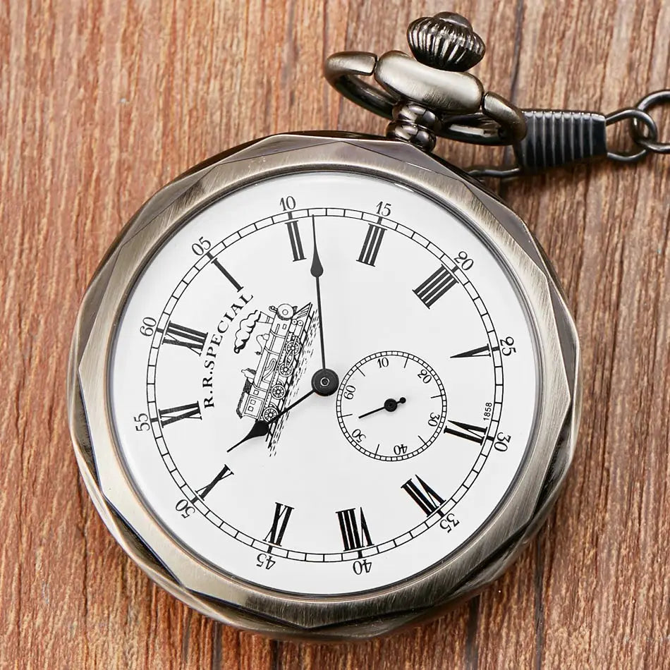 GORBEN Adults Antique Glass Face Round Shaped Roman Numeral Silver Stainless Steel Metal Case Mechanical Hand Winding London Skeleton Dial Locomotive Train Pendant Chain-Pocket Watches