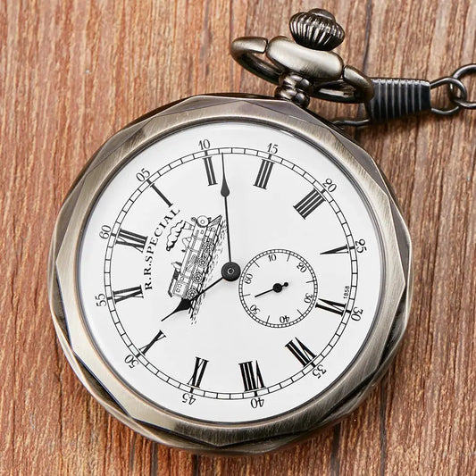 GORBEN Adults Antique Glass Face Round Shaped Roman Numeral Silver Stainless Steel Metal Case Mechanical Hand Winding London Skeleton Dial Locomotive Train Pendant Chain-Pocket Watches