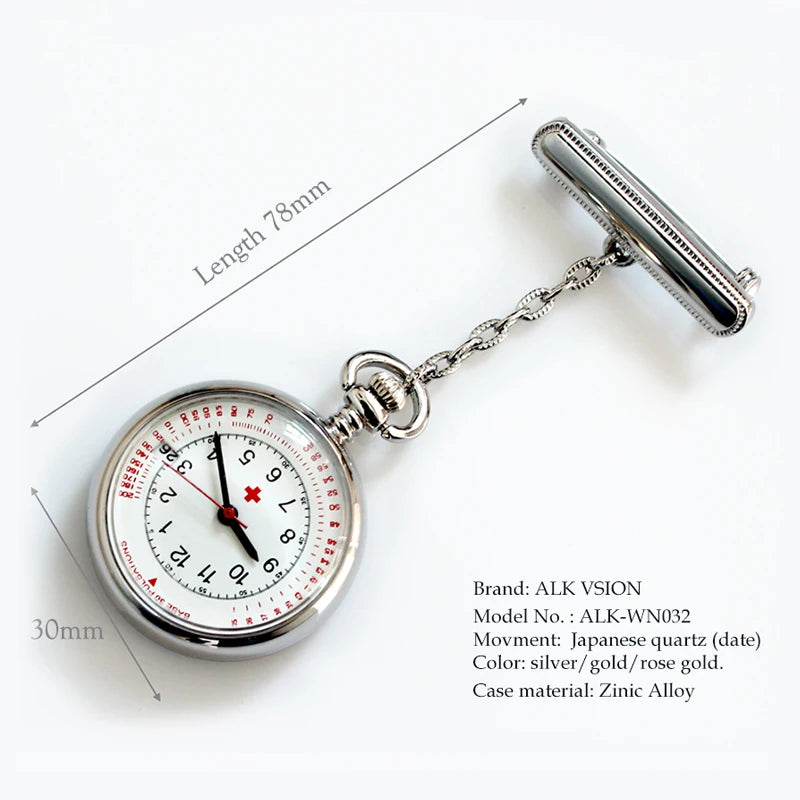ALK VISION Adult Women Waterproof Japan Quartz Silver-Rose Gold Round Shaped Calendar Date-Analog Display Arabic Numeral Plastic Face Acrylic-Zinc Metal Alloy Case Nurse-Doctor IPS Silver Plated Metal Pin Band Fob Pocket Watches