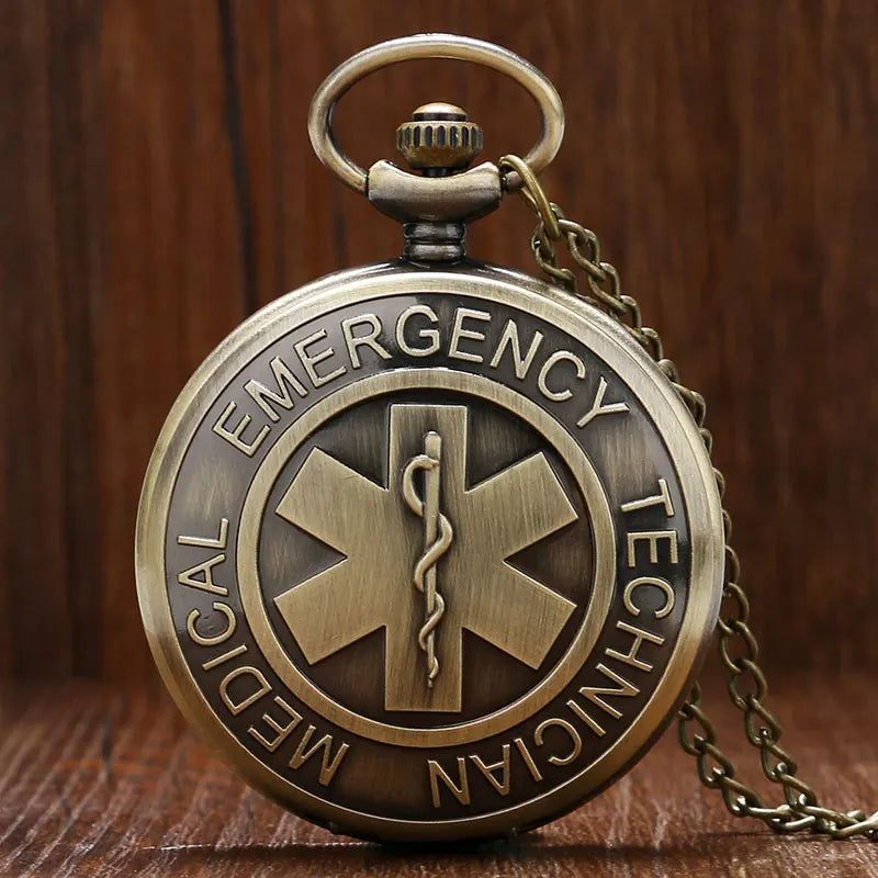 YISUYA Adults Antique Quartz Acrylic Face Round Shaped Bronze Metal Alloy Case Analog Display Emergency Medical Technician (EMT) Paramedic On Front Necklace Chain-Pocket Watches