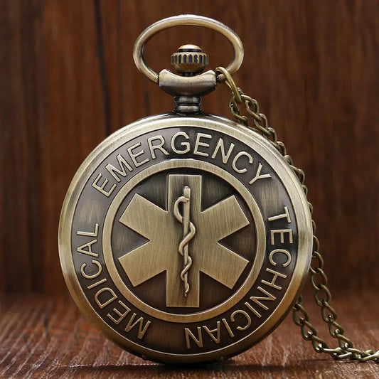 YISUYA Adults Antique Quartz Acrylic Face Round Shaped Bronze Metal Alloy Case Analog Display Emergency Medical Technician (EMT) Paramedic On Front Necklace Chain-Pocket Watches