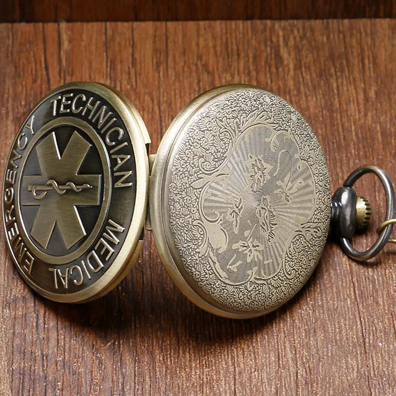 YISUYA Adults Antique Quartz Acrylic Face Round Shaped Bronze Metal Alloy Case Analog Display Emergency Medical Technician (EMT) Paramedic On Front Necklace Chain-Pocket Watches