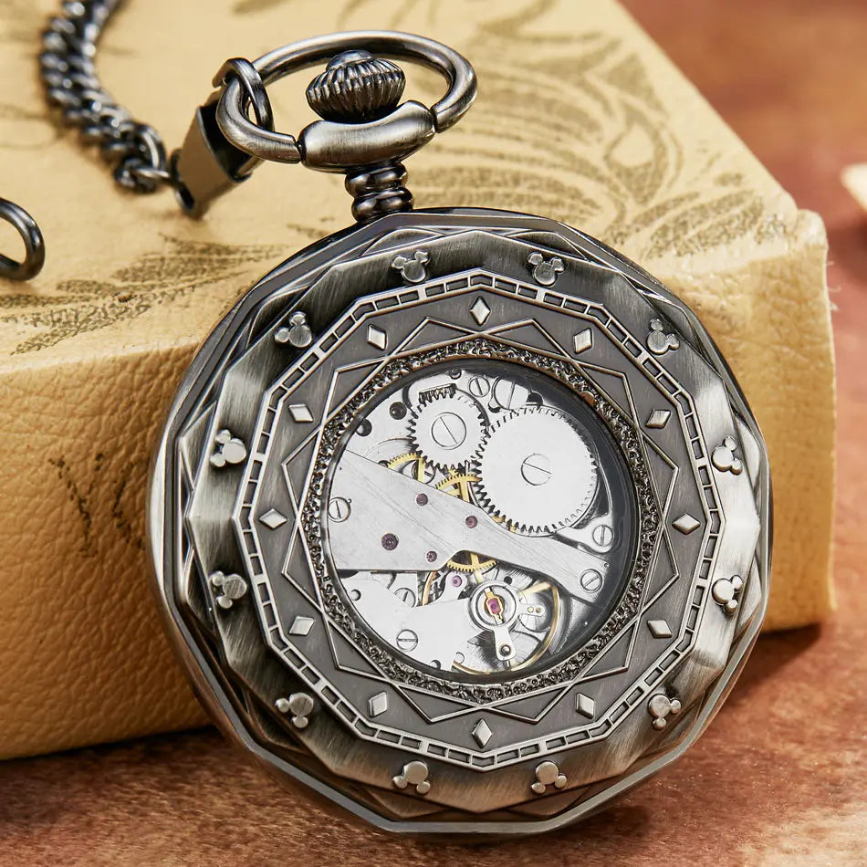GORBEN Adults Antique Glass Face Round Shaped Roman Numeral Silver Stainless Steel Metal Case Mechanical Hand Winding London Skeleton Dial Locomotive Train Pendant Chain-Pocket Watches