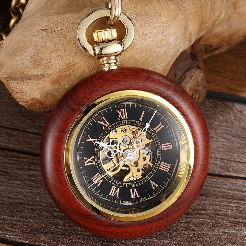 GORBEN Adults Vintage Manuel Winding Roman Numeral Carved Wood Square Shaped Case Acrylic Face Skeleton Dial Mechanical Gold Metal Open Face Fob Gold Chain-Pocket Watches