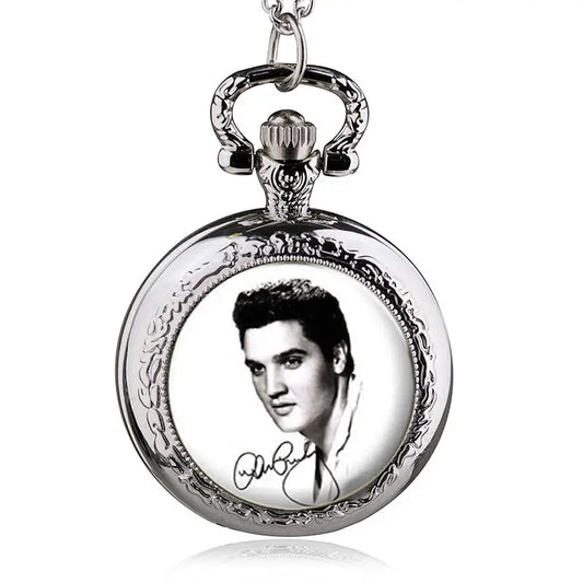 SHUHANG Adults Vintage Imitation Bubbled Front Plastic Face Quartz Analog Display Round Silver Stainless Steel Metal Case Black-White Elvis Presley Signed Picture Design Necklace Chain-Pocket Watches/Colors-Silver/White/Black/Geometric