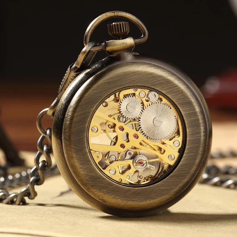 GORBEN Adults Analog Display Retro Silver-Bronze Round Roman Numeral Hand Winding Acrylic Face Stainless Steel Metal Japanese Polygon Mechanical Steampunk Skeleton Dial Pendant Chain-Pocket Watches/Gift Box Optional