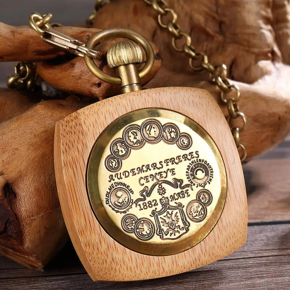 GORBEN Adults Vintage Manuel Winding Roman Numeral Carved Wood Square Shaped Case Acrylic Face Skeleton Dial Mechanical Gold Metal Open Face Fob Gold Chain-Pocket Watches