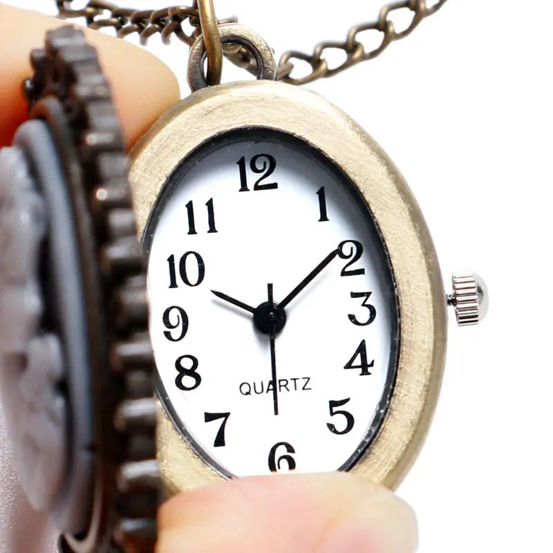 YISUYA Women Small Antique Stainless Steel Metal Oval Shaped Cameo Gentle Lady's White Face Carved Black-Gold Frame Inside Glass Face Quartz Analog Display Necklace Chain-Pocket Watches