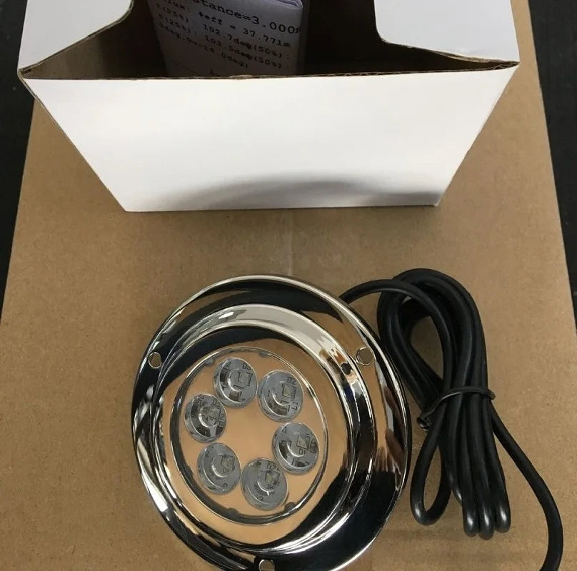 TOPMONKING Outdoor Round Silver Stainless Steel Body DC-Powered Waterproof Six Cool Blue-White Lumens LED Fresh Water-Sea Underwater Lights