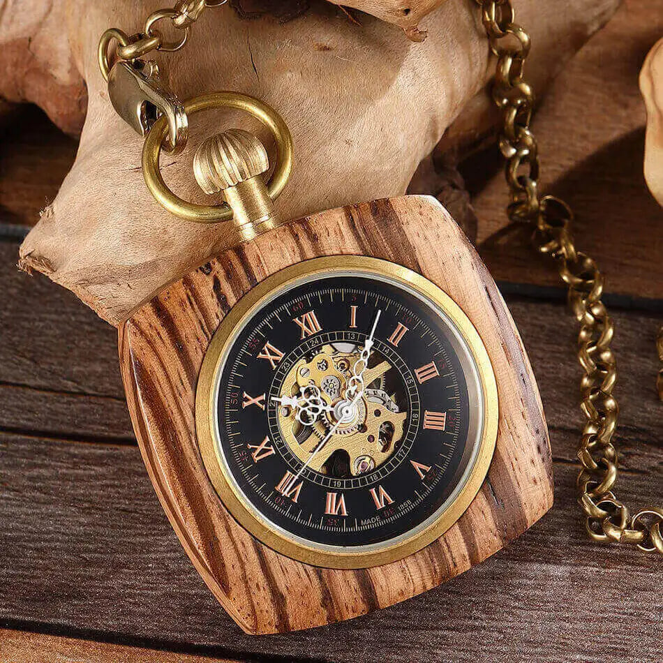 GORBEN Adults Vintage Manuel Winding Roman Numeral Carved Wood Square Shaped Case Acrylic Face Skeleton Dial Mechanical Gold Metal Open Face Fob Gold Chain-Pocket Watches