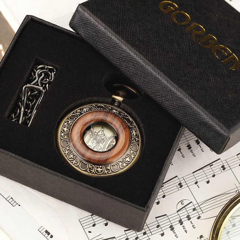 GORBEN Adults Unisex Antique Quartz Hand Winding Roman Numeral Bronze Round Shaped Stainless Steel Metal Case Acrylic Face Hollow-Out Solid Wood Steampunk Skeleton Dial Mechanical Chain-Pocket Watches