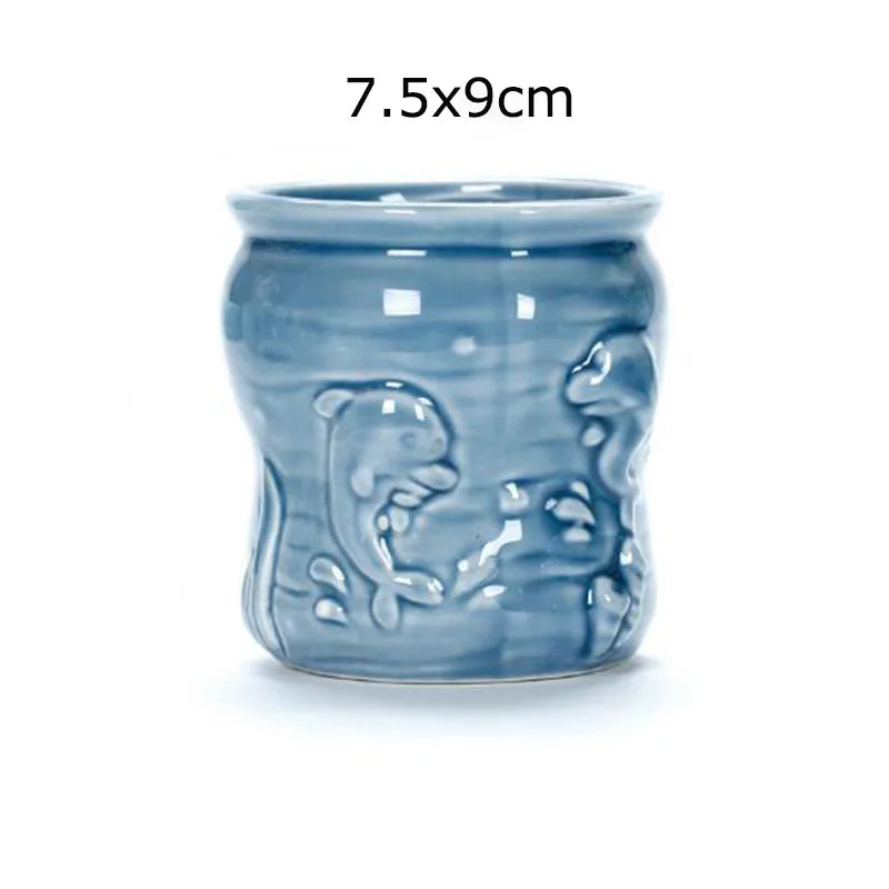 European Style Cute Fleshy Flowerpot Pocelain Blue Fish Macetas Vase Home Garden Mini Bonsai Cactus Flower Pot Balcony Decor
