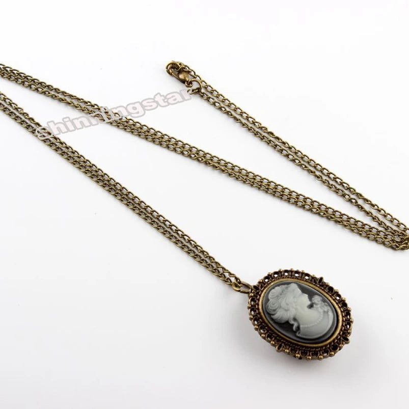 GORBEN Quartz Bronze Stainless Steel Metal Round Shaped Analog Display Acrylic Face White Beauty Lady Icon Cameo Design Necklace Chain-Pocket Watches/Colors-White Beauty/ White-Purple Flowers