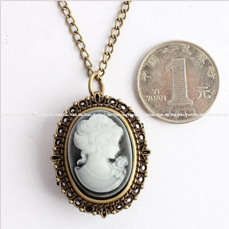 GORBEN Quartz Bronze Stainless Steel Metal Round Shaped Analog Display Acrylic Face White Beauty Lady Icon Cameo Design Necklace Chain-Pocket Watches/Colors-White Beauty/ White-Purple Flowers