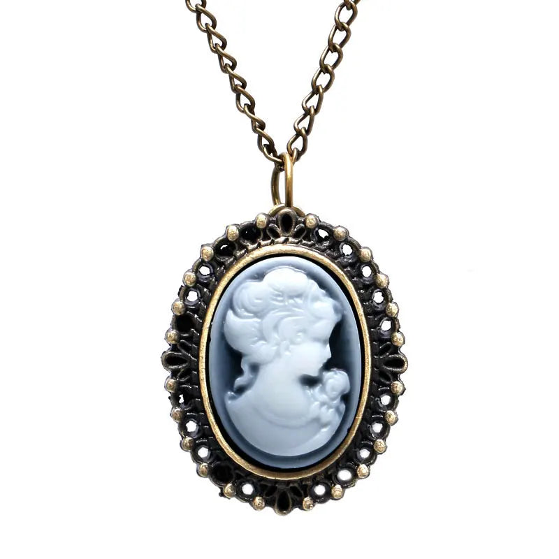 YISUYA Women Small Antique Stainless Steel Metal Oval Shaped Cameo Gentle Lady's White Face Carved Black-Gold Frame Inside Glass Face Quartz Analog Display Necklace Chain-Pocket Watches