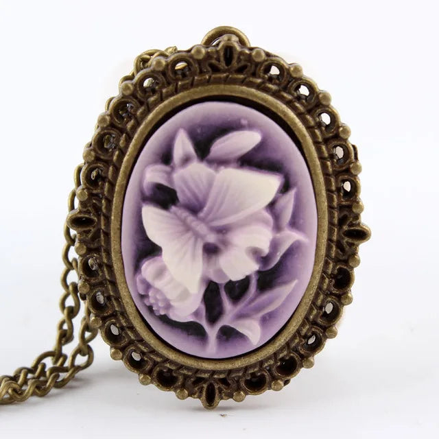 GORBEN Quartz Bronze Stainless Steel Metal Round Shaped Analog Display Acrylic Face White Beauty Lady Icon Cameo Design Necklace Chain-Pocket Watches/Colors-White Beauty/ White-Purple Flowers