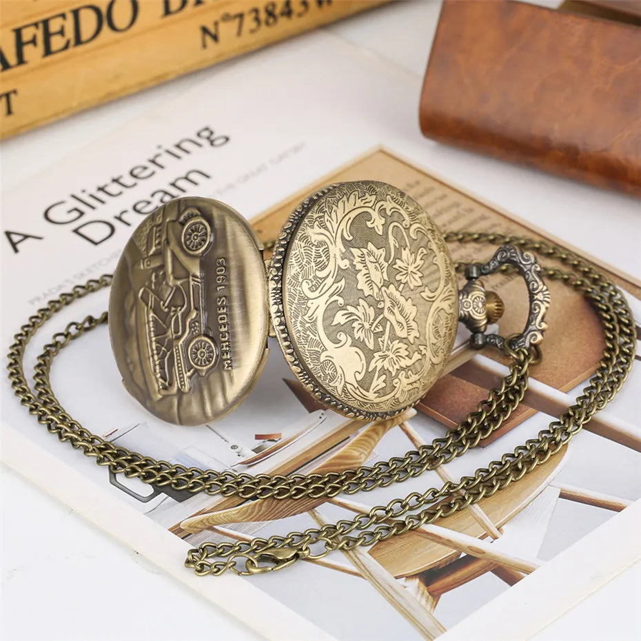 YISUYA Adults Unisex Retro Quartz Metal Alloy Round Shaped Case Analog Display Acrylic Face Bronze Antique 1903 Mercedes Steampunk Classic Car Necklace Chain-Pocket Watches