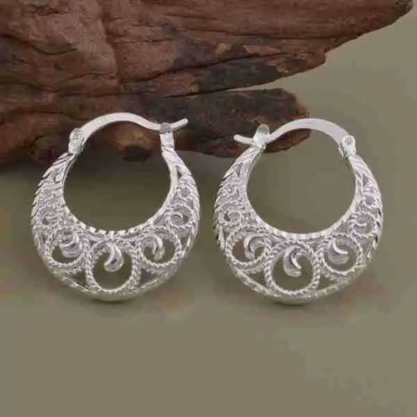 SAY Adult Women Fine Imitation Floral Silver Colored Design Sterling Silver Metal Hoop Earrings