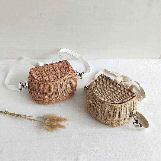 ARTMOMO Kids Lightweight External Frame Handmade Brown-Beige Rattan Criss-Cross Hollow-Out Small Linen Lining Retractable Shoulder Straps-Handle Mini Basket Backpacks/Optional-Rear Bicycle Baskets