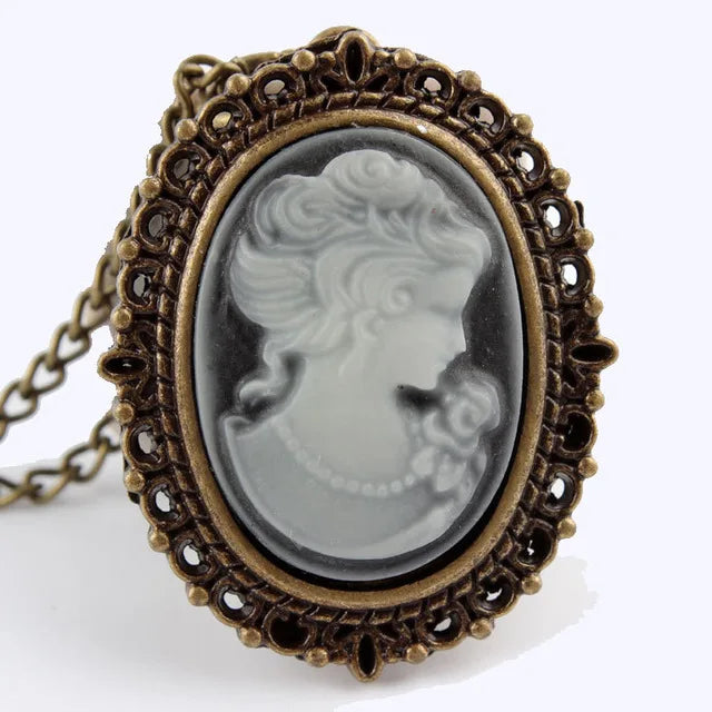 GORBEN Quartz Bronze Stainless Steel Metal Round Shaped Analog Display Acrylic Face White Beauty Lady Icon Cameo Design Necklace Chain-Pocket Watches/Colors-White Beauty/ White-Purple Flowers