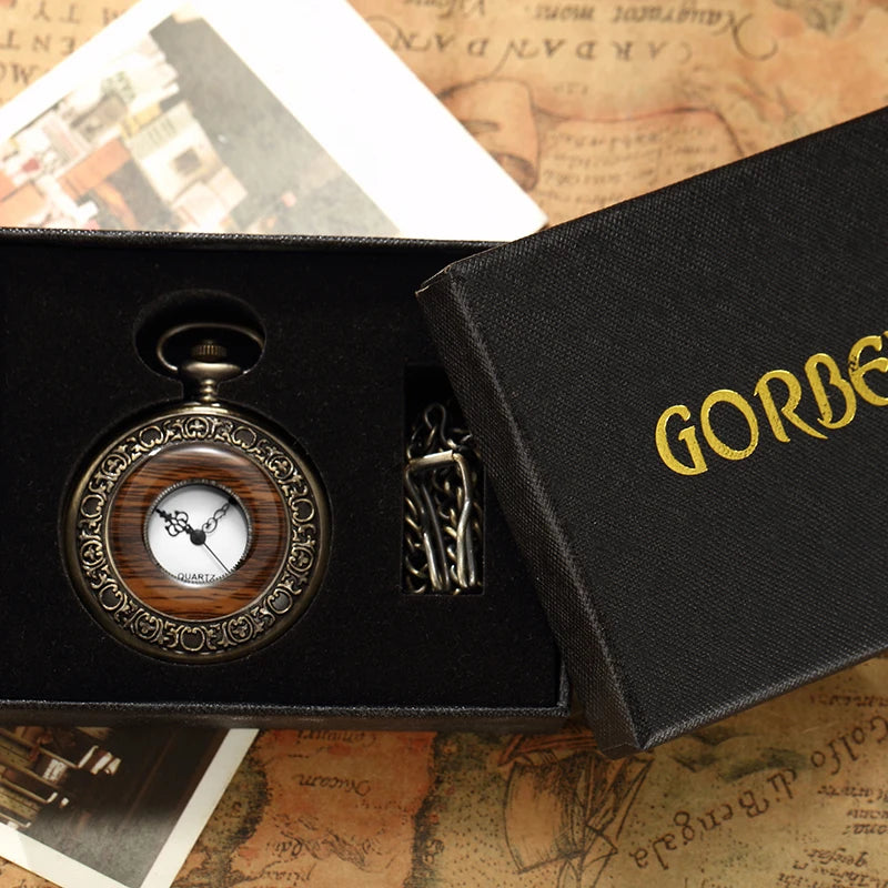 GORBEN Adults Unisex Antique Quartz Hand Winding Roman Numeral Bronze Round Shaped Stainless Steel Metal Case Acrylic Face Hollow-Out Solid Wood Steampunk Skeleton Dial Mechanical Chain-Pocket Watches