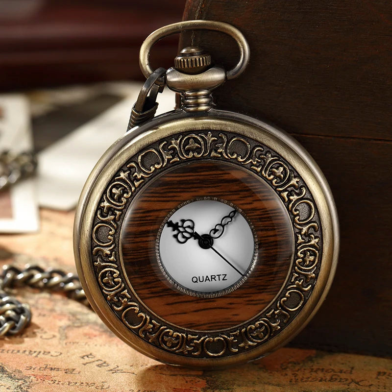 GORBEN Adults Unisex Antique Quartz Hand Winding Roman Numeral Bronze Round Shaped Stainless Steel Metal Case Acrylic Face Hollow-Out Solid Wood Steampunk Skeleton Dial Mechanical Chain-Pocket Watches