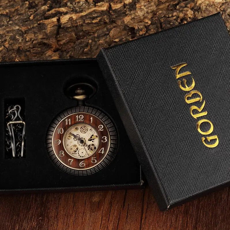 GORBEN Adults Unisex Antique Quartz Hand Winding Roman Numeral Bronze Round Shaped Stainless Steel Metal Case Acrylic Face Hollow-Out Solid Wood Steampunk Skeleton Dial Mechanical Chain-Pocket Watches