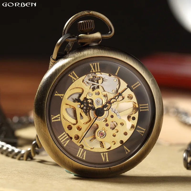 GORBEN Adults Analog Display Retro Silver-Bronze Round Roman Numeral Hand Winding Acrylic Face Stainless Steel Metal Japanese Polygon Mechanical Steampunk Skeleton Dial Pendant Chain-Pocket Watches/Gift Box Optional