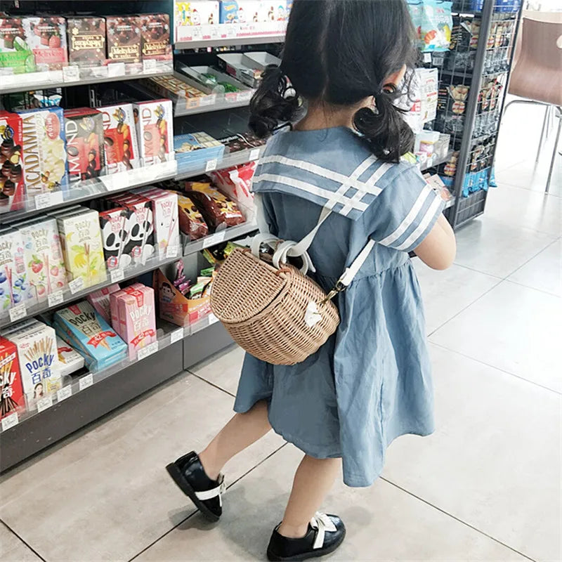 ARTMOMO Kids Lightweight External Frame Handmade Brown-Beige Rattan Criss-Cross Hollow-Out Small Linen Lining Retractable Shoulder Straps-Handle Mini Basket Backpacks/Optional-Rear Bicycle Baskets