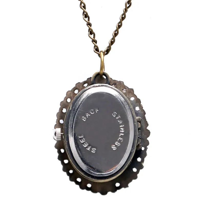 YISUYA Women Small Antique Stainless Steel Metal Oval Shaped Cameo Gentle Lady's White Face Carved Black-Gold Frame Inside Glass Face Quartz Analog Display Necklace Chain-Pocket Watches