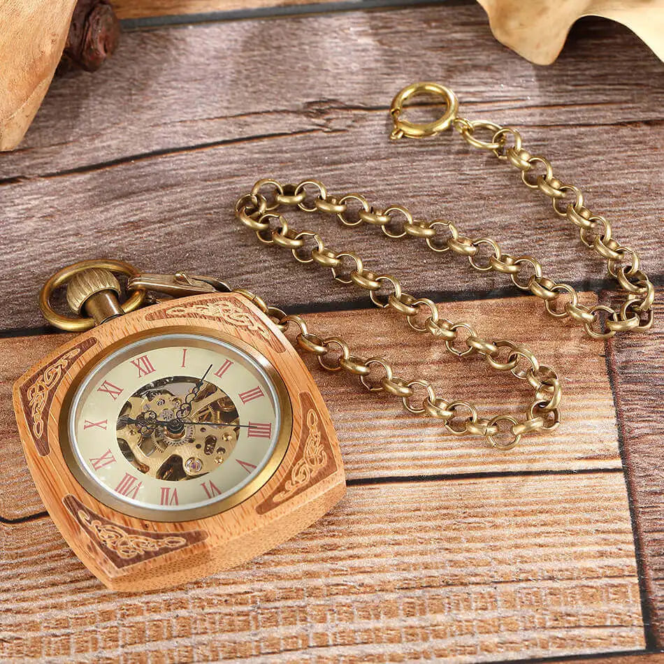 GORBEN Adults Vintage Manuel Winding Roman Numeral Carved Wood Square Shaped Case Acrylic Face Skeleton Dial Mechanical Gold Metal Open Face Fob Gold Chain-Pocket Watches