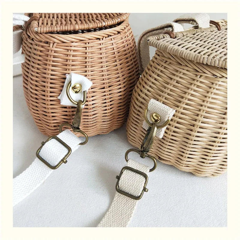ARTMOMO Kids Lightweight External Frame Handmade Brown-Beige Rattan Criss-Cross Hollow-Out Small Linen Lining Retractable Shoulder Straps-Handle Mini Basket Backpacks/Optional-Rear Bicycle Baskets