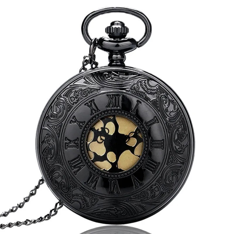 YISUYA Adults Men Antique Quartz Acrylic Face Round Shaped Metal Alloy Case Black Roman Numeral Steampunk Black Necklace Chain-Pocket Watches /Colors-Black/Gold/Silver/Bronze