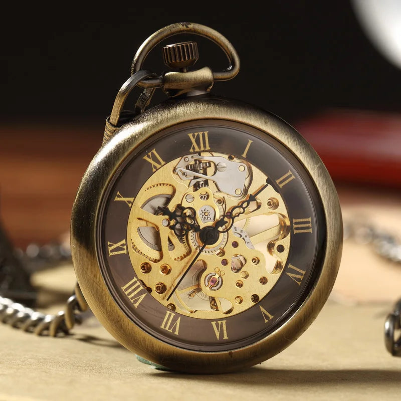 GORBEN Adults Analog Display Retro Silver-Bronze Round Roman Numeral Hand Winding Acrylic Face Stainless Steel Metal Japanese Polygon Mechanical Steampunk Skeleton Dial Pendant Chain-Pocket Watches/Gift Box Optional