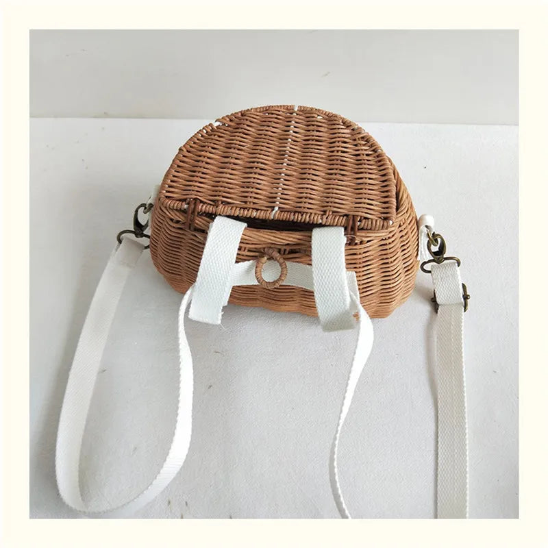 ARTMOMO Kids Lightweight External Frame Handmade Brown-Beige Rattan Criss-Cross Hollow-Out Small Linen Lining Retractable Shoulder Straps-Handle Mini Basket Backpacks/Optional-Rear Bicycle Baskets