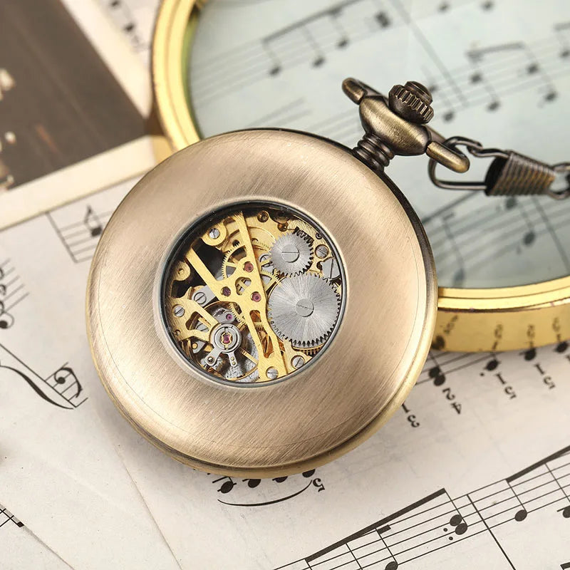 GORBEN Adults Unisex Antique Quartz Hand Winding Roman Numeral Bronze Round Shaped Stainless Steel Metal Case Acrylic Face Hollow-Out Solid Wood Steampunk Skeleton Dial Mechanical Chain-Pocket Watches