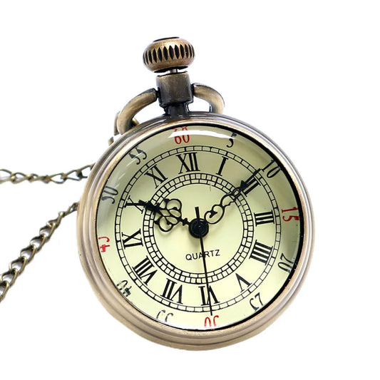 LUXFACIGOO Adults Bronze Round Shaped Metal Alloy Case Glass Face Quartz Analog Display Black Roman Numeral Chain-Pocket Watches
