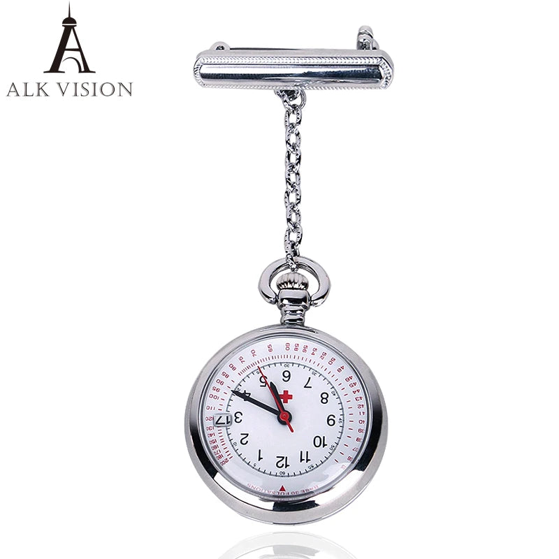 ALK VISION Adult Women Waterproof Japan Quartz Silver-Rose Gold Round Shaped Calendar Date-Analog Display Arabic Numeral Plastic Face Acrylic-Zinc Metal Alloy Case Nurse-Doctor IPS Silver Plated Metal Pin Band Fob Pocket Watches