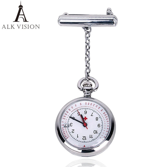 ALK VISION Adult Women Waterproof Japan Quartz Silver-Rose Gold Round Shaped Calendar Date-Analog Display Arabic Numeral Plastic Face Acrylic-Zinc Metal Alloy Case Nurse-Doctor IPS Silver Plated Metal Pin Band Fob Pocket Watches