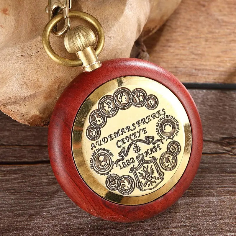 GORBEN Adults Vintage Manuel Winding Roman Numeral Carved Wood Square Shaped Case Acrylic Face Skeleton Dial Mechanical Gold Metal Open Face Fob Gold Chain-Pocket Watches