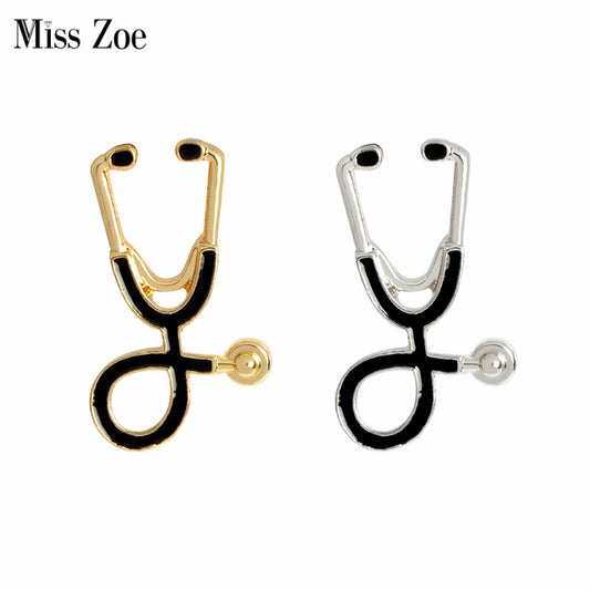 MISS ZOE Nurses-Doctors Metal Alloy Gold-Silver Black Accents Realistic Stethoscope Fine Imitation Brooches-Lapel  Pins
